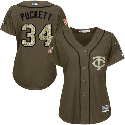 Twins #34 Kirby Puckett Green Salute to Service Women's Stitched MLB Jersey
